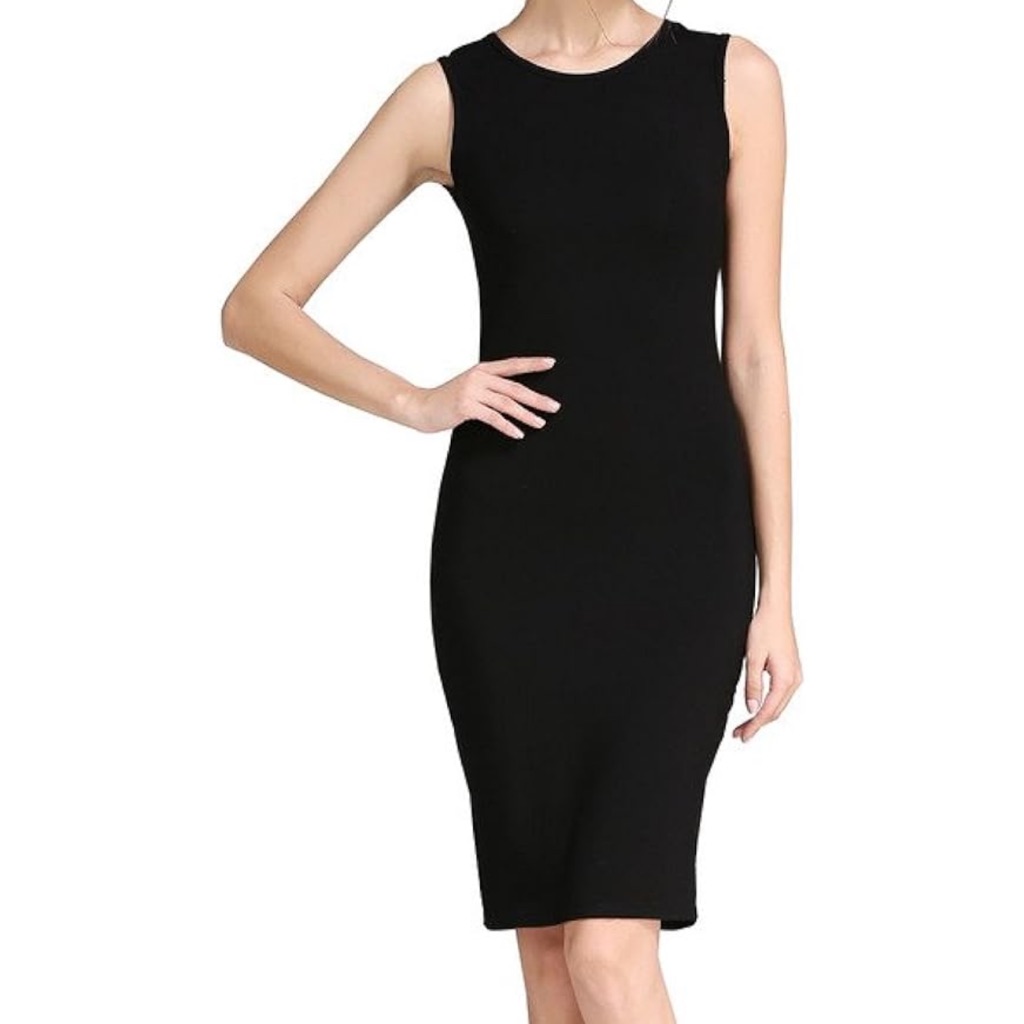 Basic Black Bodycon Fitted Stretch Midi Sleeveless Tank Dress Sz L Nwot